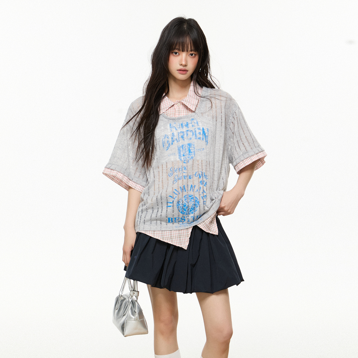 罩衫假兩件短袖t恤女2025夏季新款寬鬆襯衫領氣質套頭上衣女