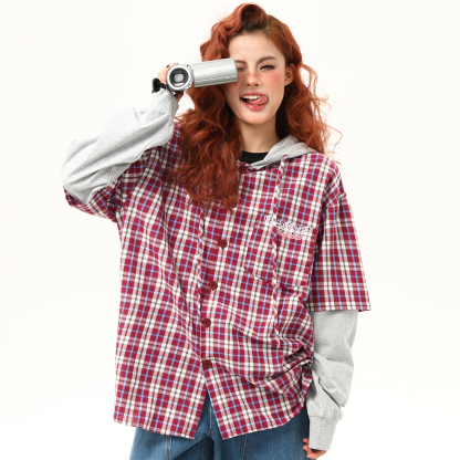 早秋新款假兩件連帽格子長袖襯衫女復古寬鬆百搭外穿襯衣