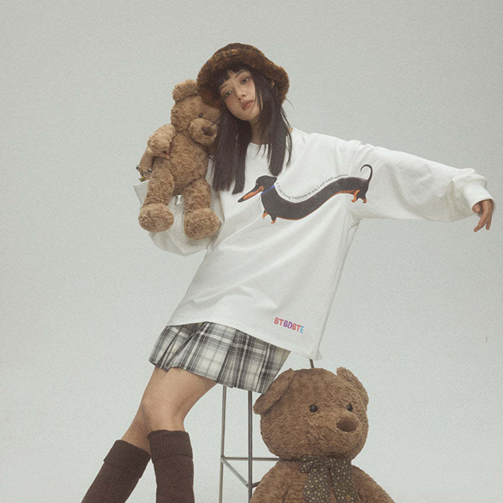 美式潮牌復古臘腸狗印花圓領衛衣女早春百搭寬鬆上衣