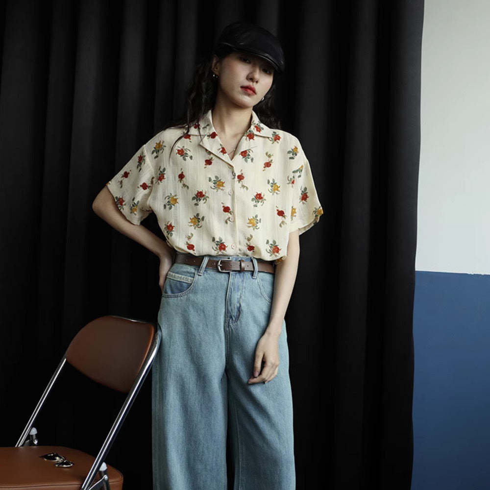 杏色玫瑰花氣質翻領簡約復古港風設計感短袖襯衫女夏季顯瘦上衣