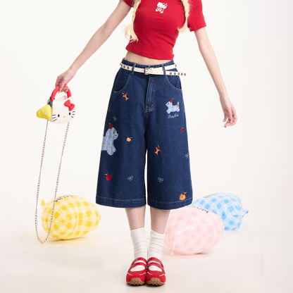 格紋小狗貼布七分牛仔褲女美式復古慵懶小眾闊腿顯瘦短褲