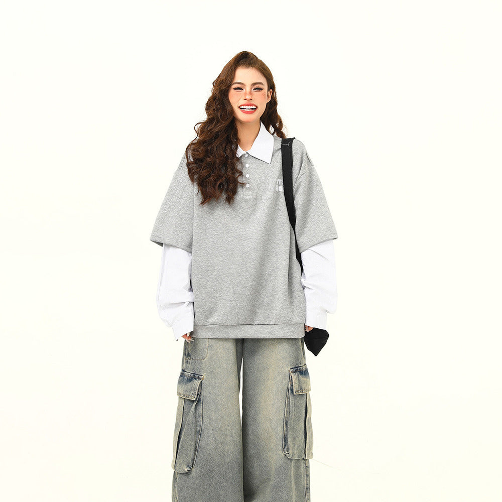 美式復古高級感Polo衛衣女秋季格子拼接假兩件慵懶上衣