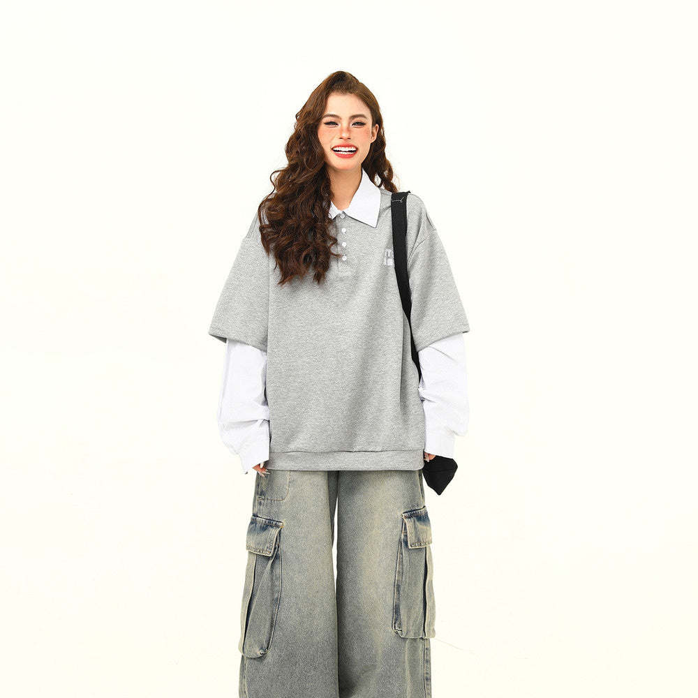 美式復古高級感Polo衛衣女秋季格子拼接假兩件慵懶上衣