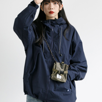 日系連帽戶外工裝拉鍊大口袋衝鋒衣夾克女中性風寬鬆短外套