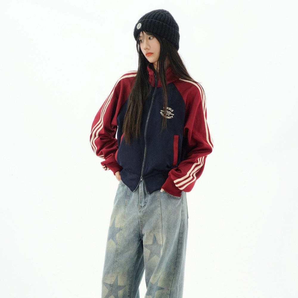 美式復古學院風辣妹短款拉鍊開衫女條紋拼色立領休閒外套