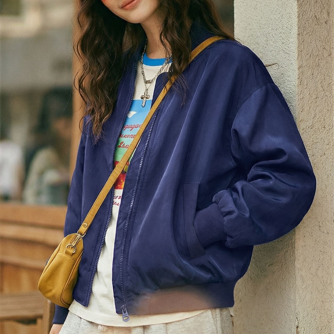深藍色美式復古輕薄款飛行員夾克棒球立領休閒工裝外套女士春