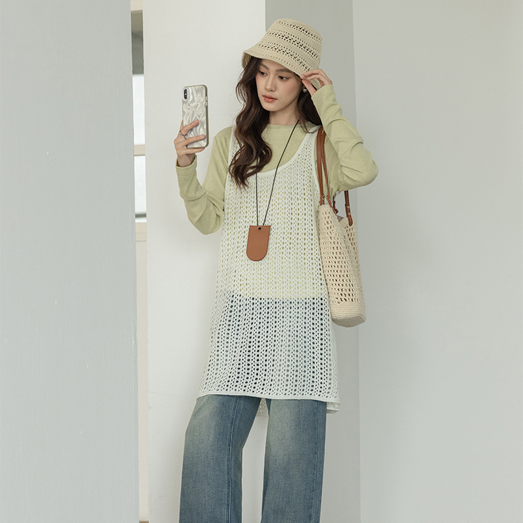 杏色疊穿鏤空背心連衣裙女2025春季韓系中長裙