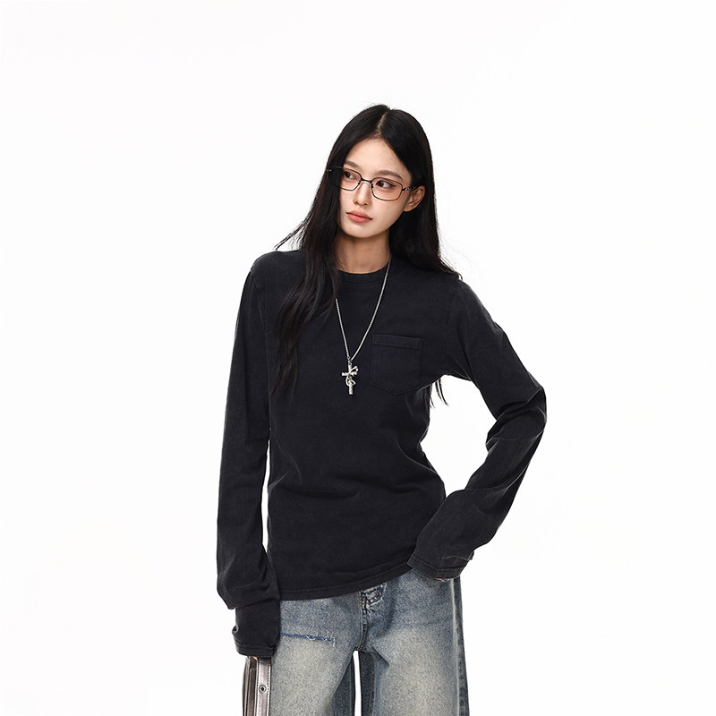 美式復古做舊水洗口袋長袖T恤女秋季新款基礎百搭打底衫