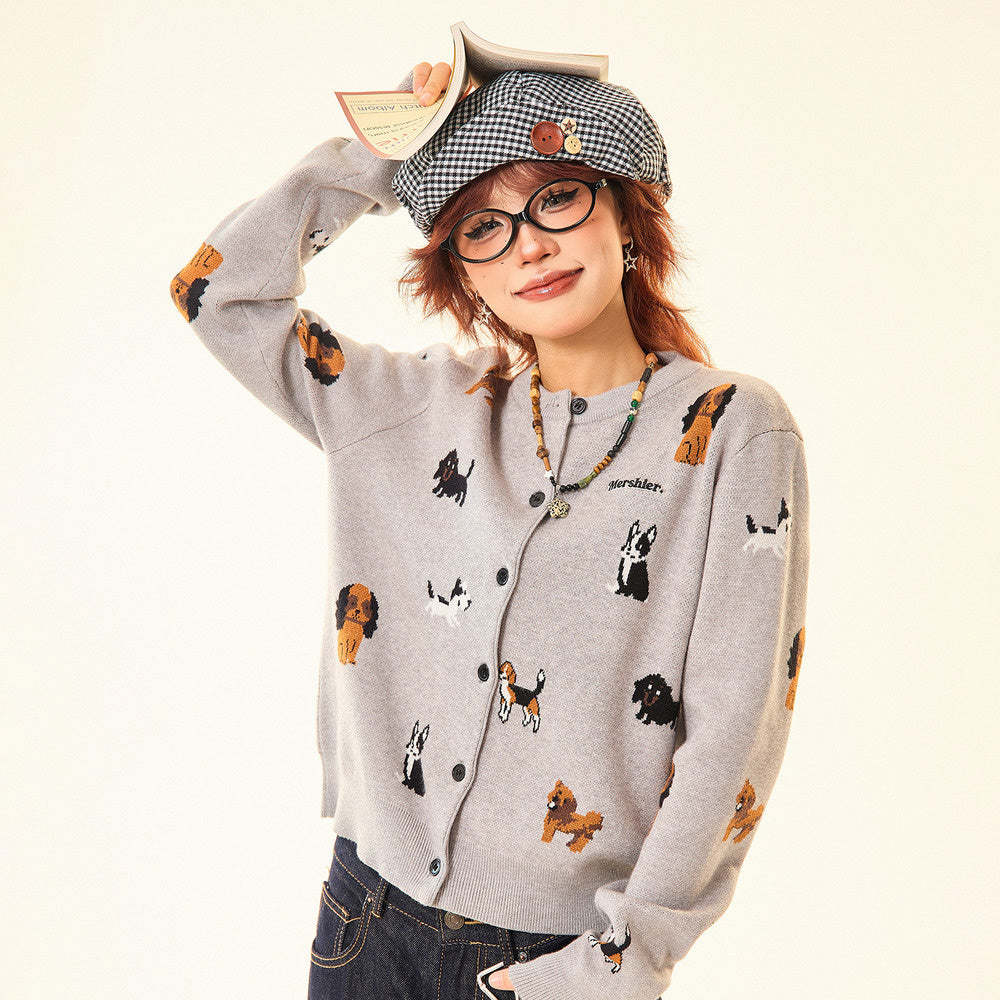 美式復古灰色小狗開衫毛衣女秋冬慵懶風顯瘦針織衫短款外套