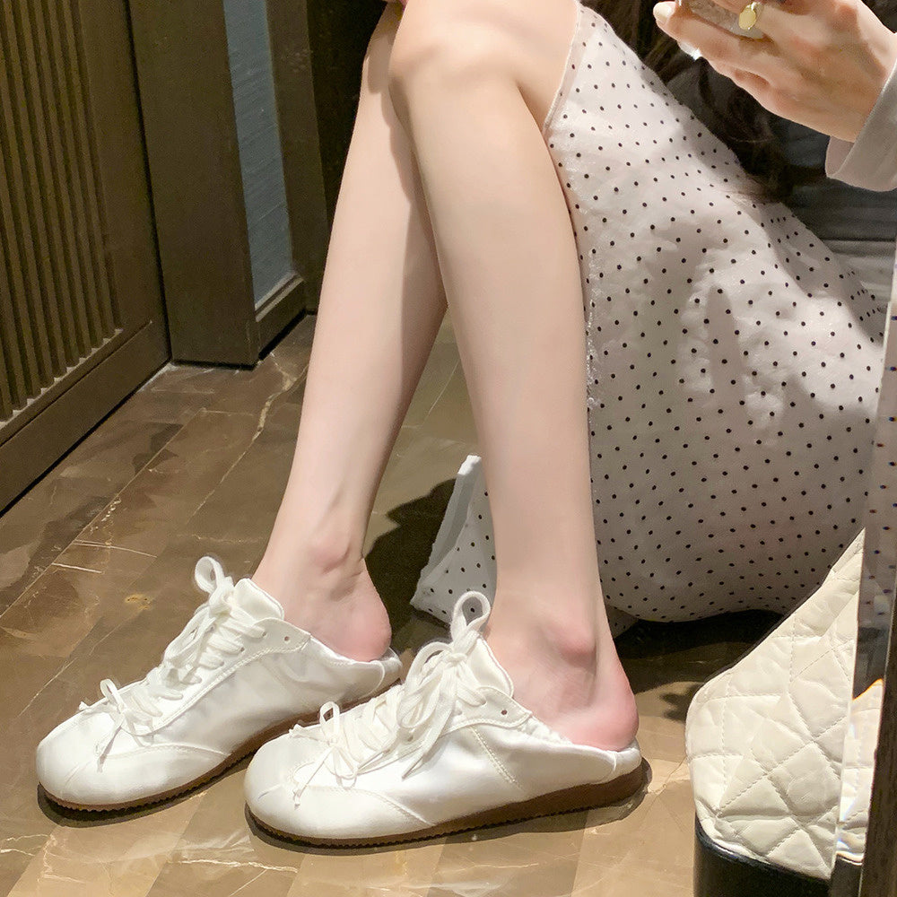 芭蕾風甜妹圓頭緞面運動板鞋蝴蝶結休閒德訓鞋女