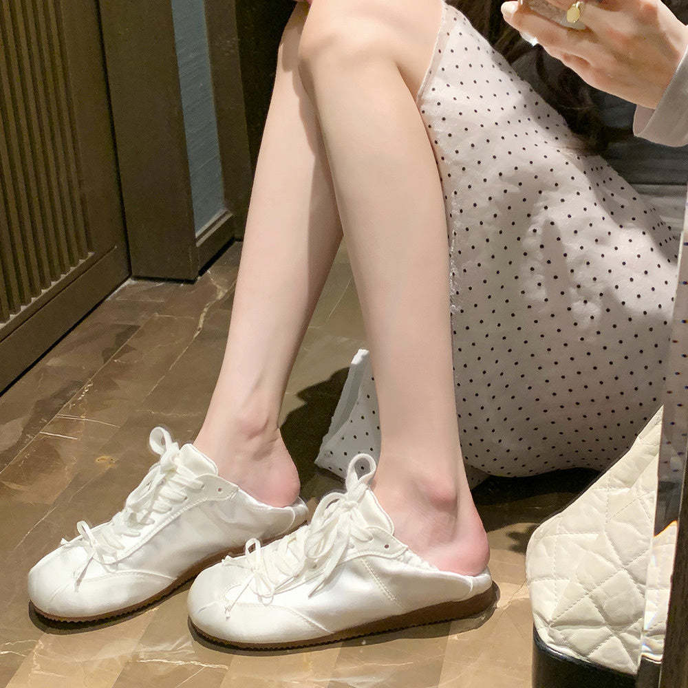 芭蕾風甜妹圓頭緞面運動板鞋蝴蝶結休閒德訓鞋女
