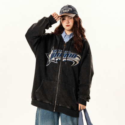 美式復古做舊牛角連帽衛衣開衫女潮牌寬鬆設計感帽衫外套