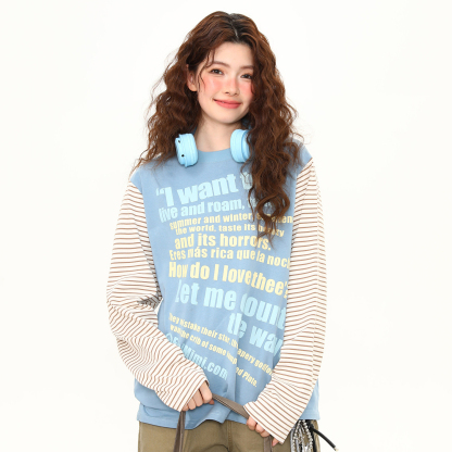 美式復古條紋拼接長袖T恤女春季新款寬鬆百搭上衣