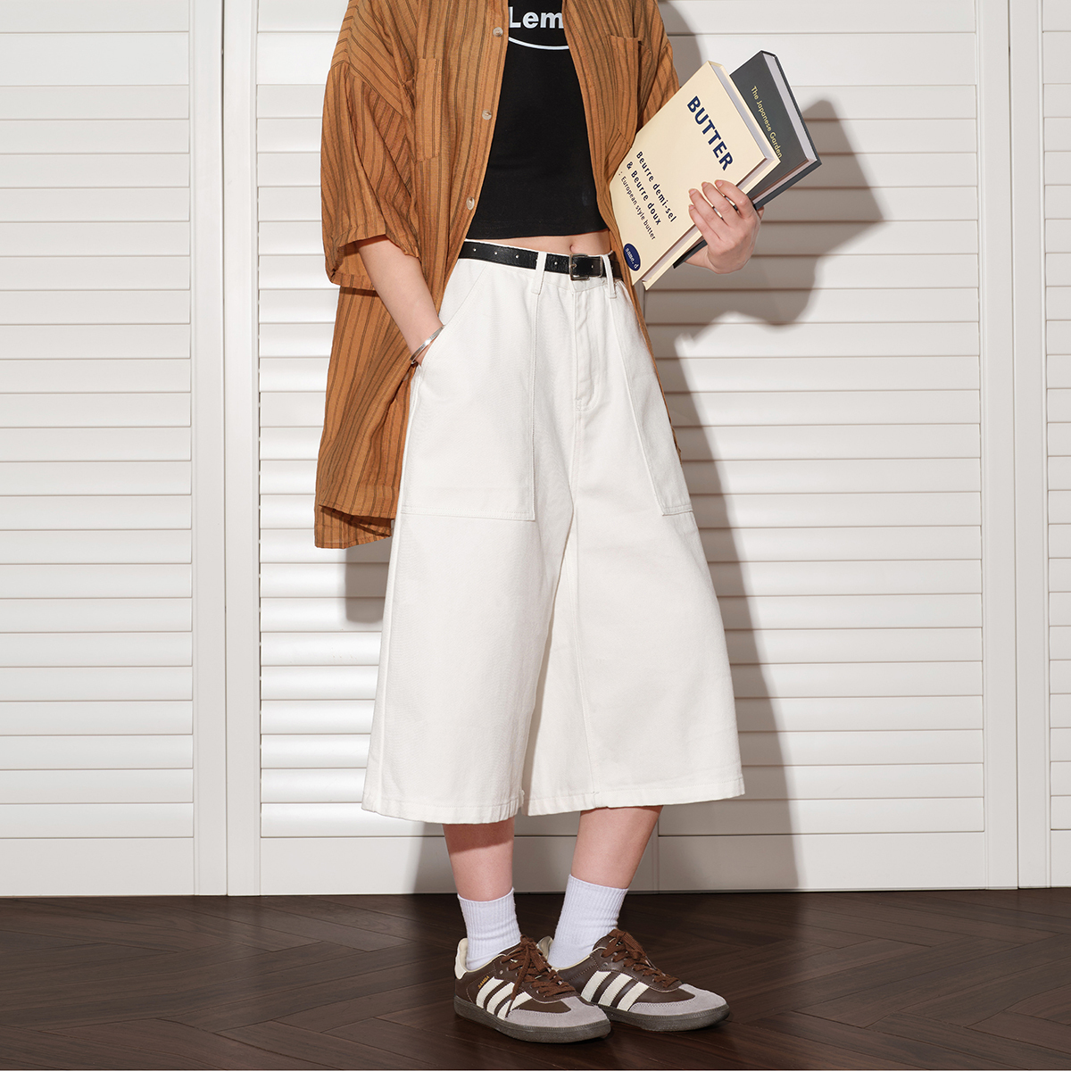 美式復古解構設計七分褲女夏寬鬆闊腿休閒短褲牛仔褲