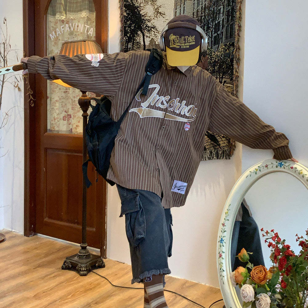 美式復古豎條紋長袖襯衫潮寬鬆慵懶風潮牌街頭情侶襯衣