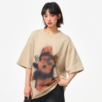 美式復古手繪小狗印花短袖T恤女夏季寬鬆百搭圓領上衣