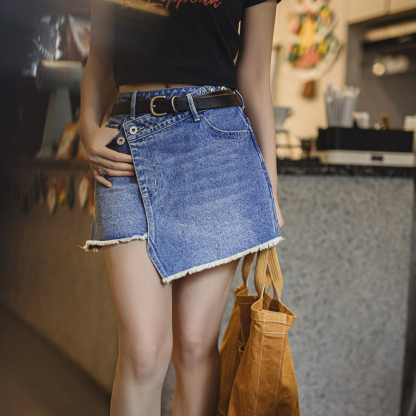解構感水洗藍牛仔半裙春夏復古圍裹式不規則半身裙a字短裙女