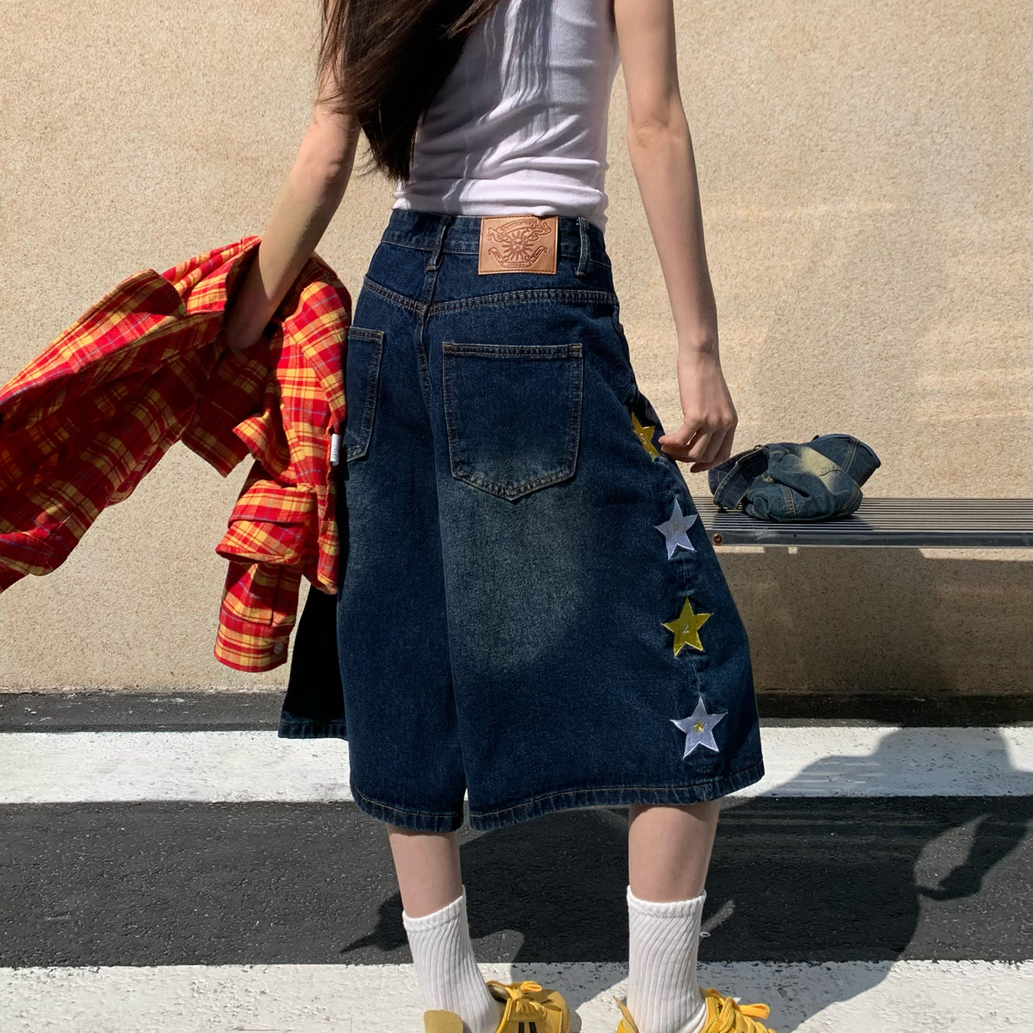 美式復古星星刺繡水洗牛仔七分褲女夏季寬鬆百搭短褲子