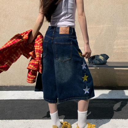 美式復古星星刺繡水洗牛仔七分褲女夏季寬鬆百搭短褲子