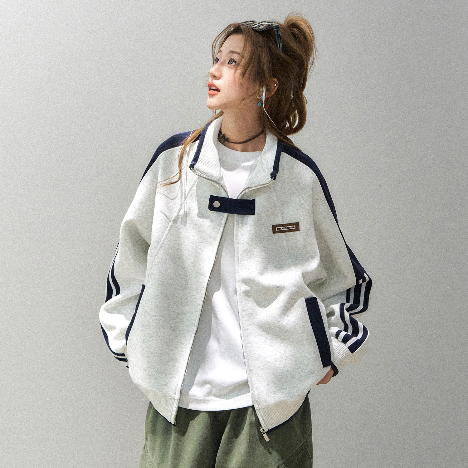 重磅400G拼接立領外套女款秋季美式慵懶chic休閒夾克