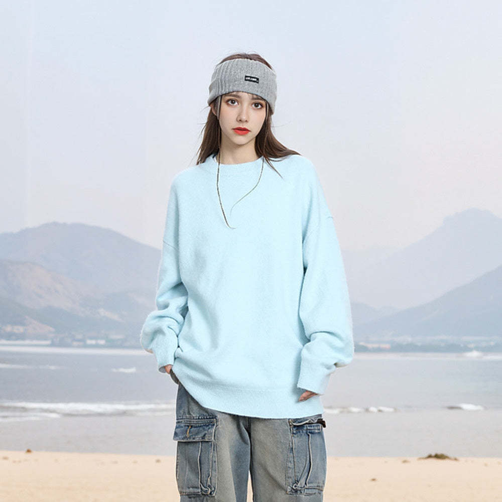 復古純色圓領套頭毛衣女秋冬新款高級感寬鬆慵懶風針織衫上衣