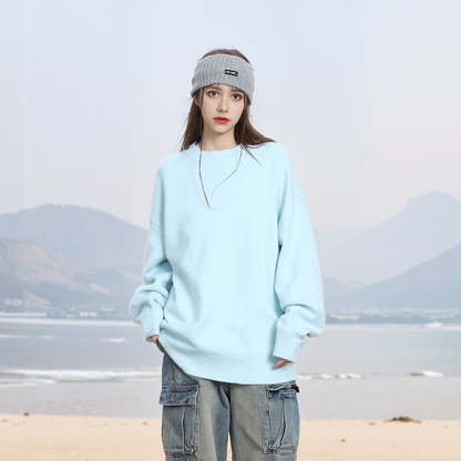 復古純色圓領套頭毛衣女秋冬新款高級感寬鬆慵懶風針織衫上衣