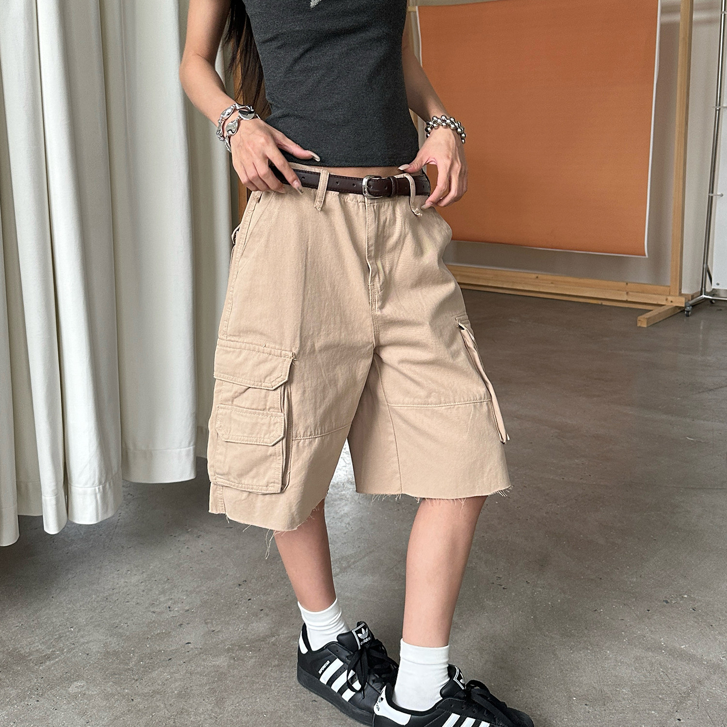 美式休閒工裝七分褲女夏季寬鬆百搭中褲