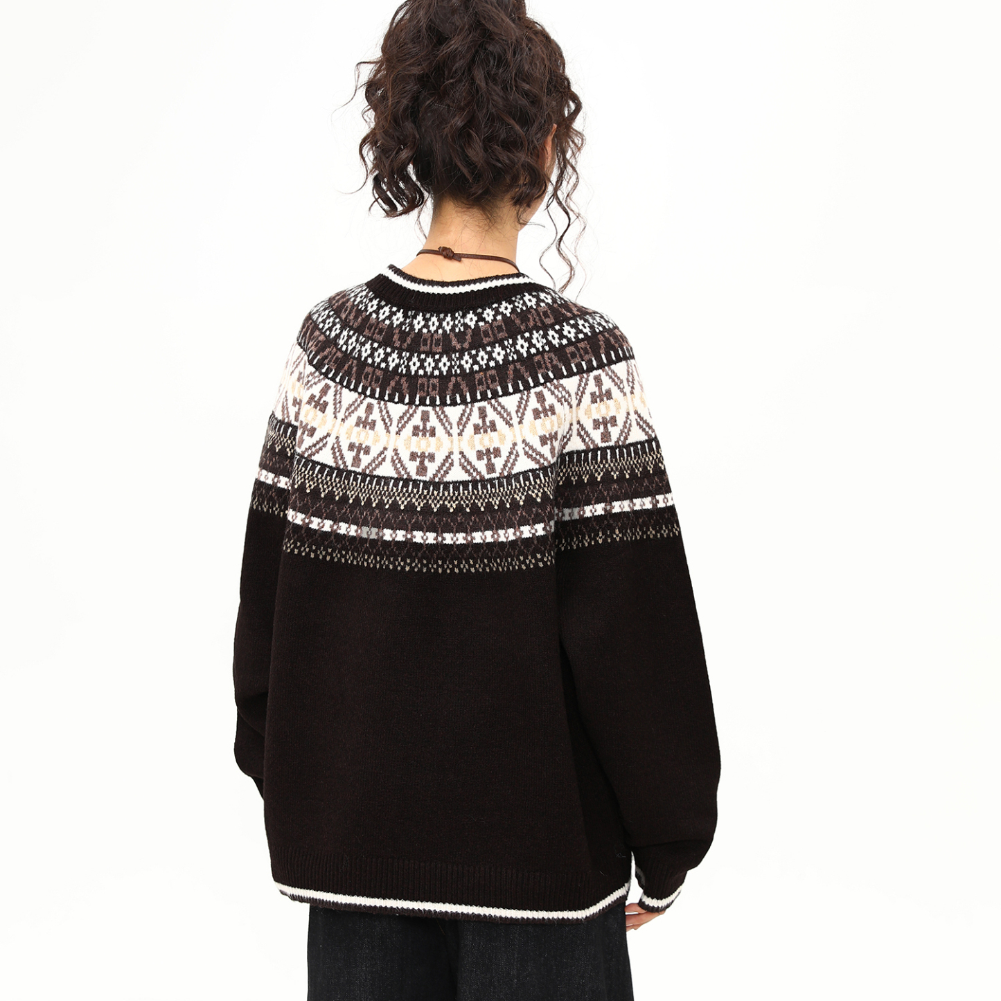 美式復古費爾島提花毛衣女秋冬慵懶風圓領軟糯針織衫上衣