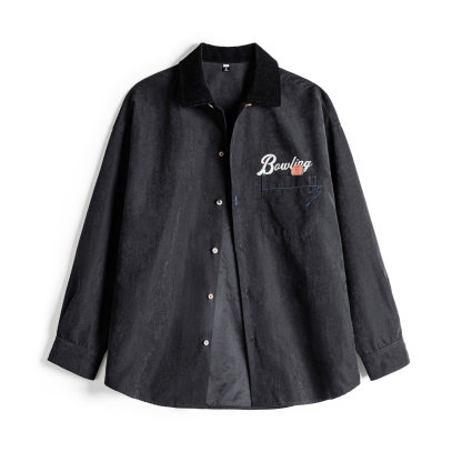 黑色復古桃皮絨古巴領襯衫印花外套長袖上襯衣內搭疊穿女士春