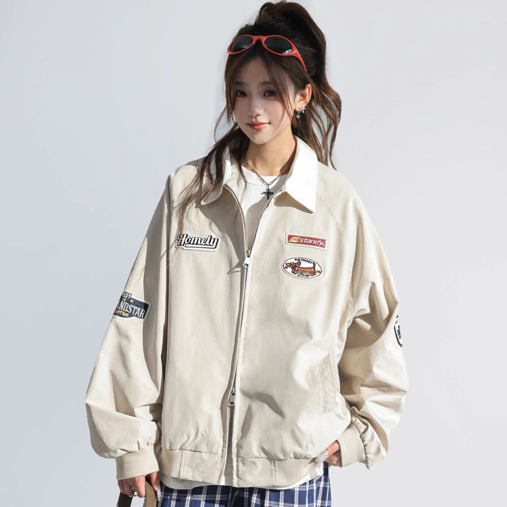 美式慵懶chic韓系外套女春2025新款撞色翻領工裝夾克