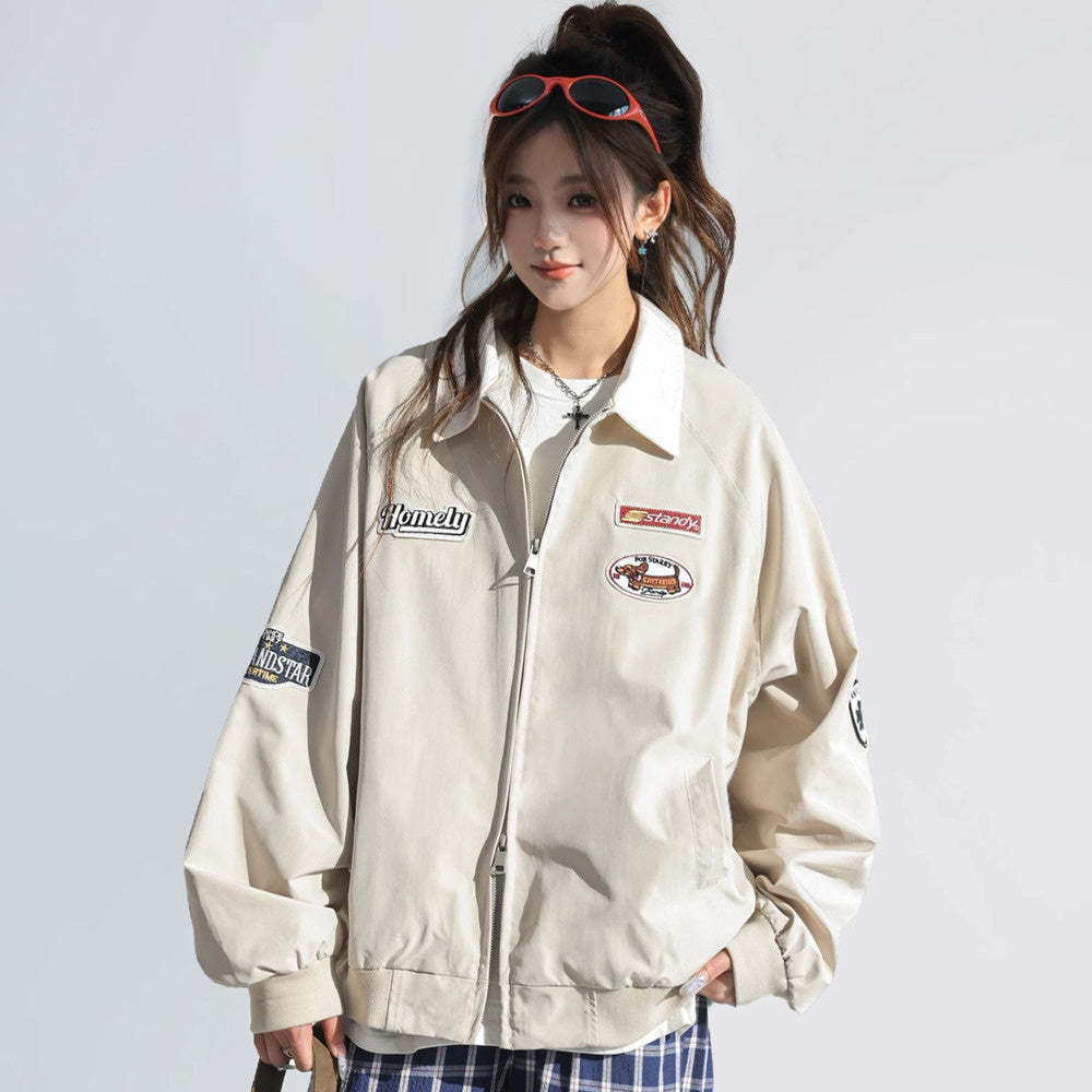 美式慵懶chic韓系外套女春2025新款撞色翻領工裝夾克