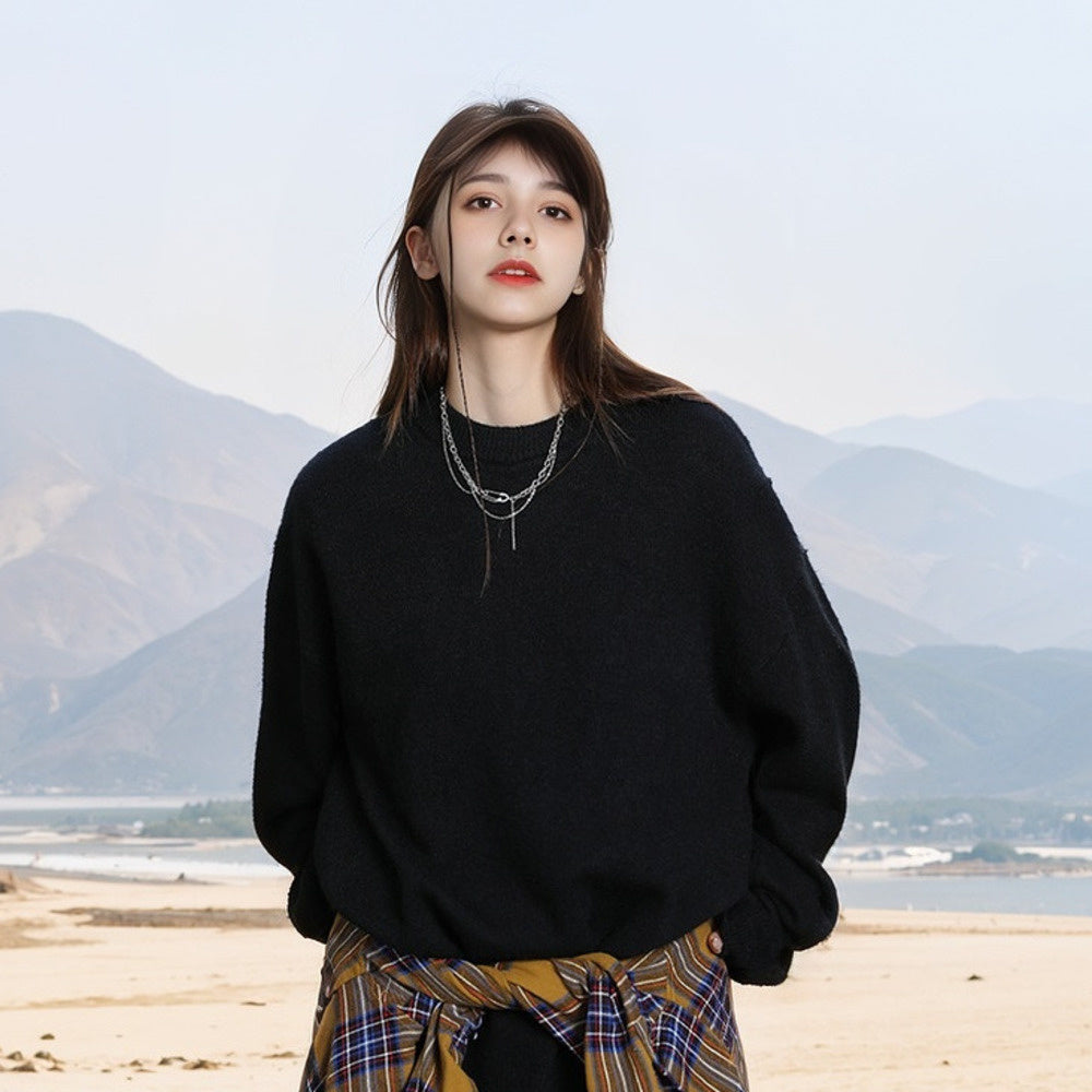 復古純色圓領套頭毛衣女秋冬新款高級感寬鬆慵懶風針織衫上衣