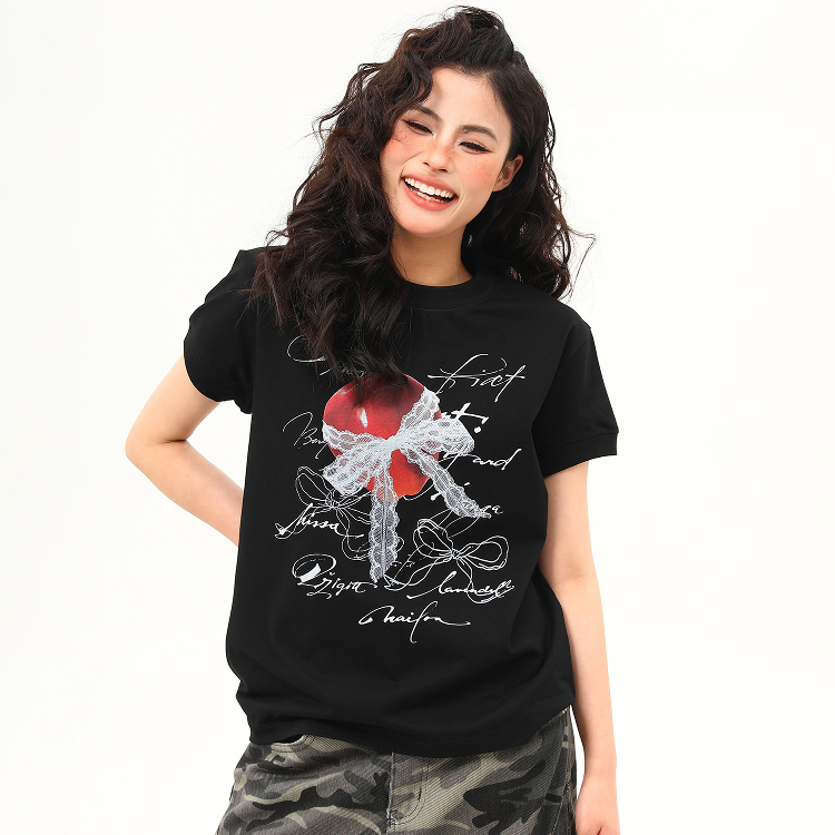 美式復古設計感印花boxy正肩T恤女夏季百搭顯瘦短款短袖