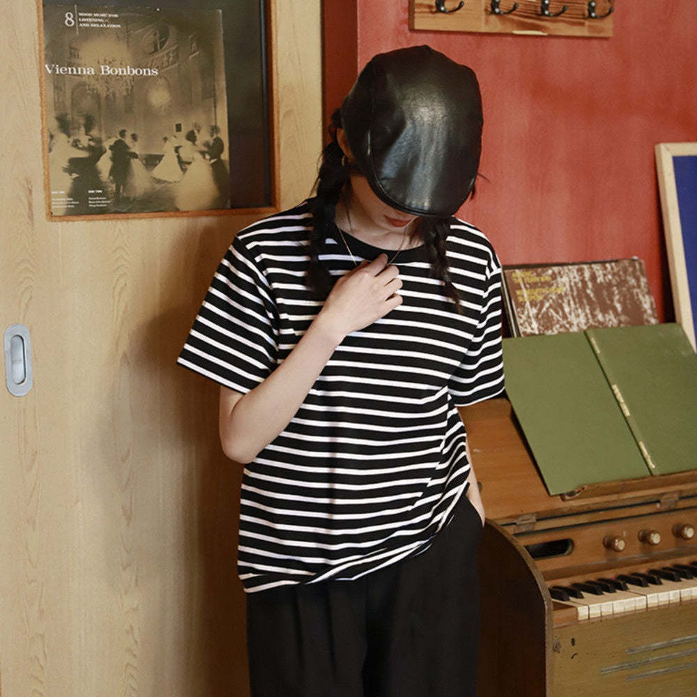黑白經典條紋女短袖春夏寬鬆慵懶圓領純棉t恤上衣