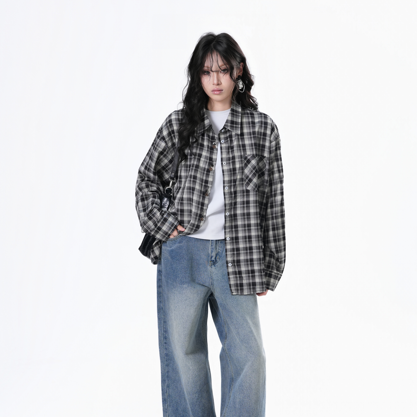 美式復古潮牌格子襯衫女小眾設計感寬鬆長袖襯衣秋季