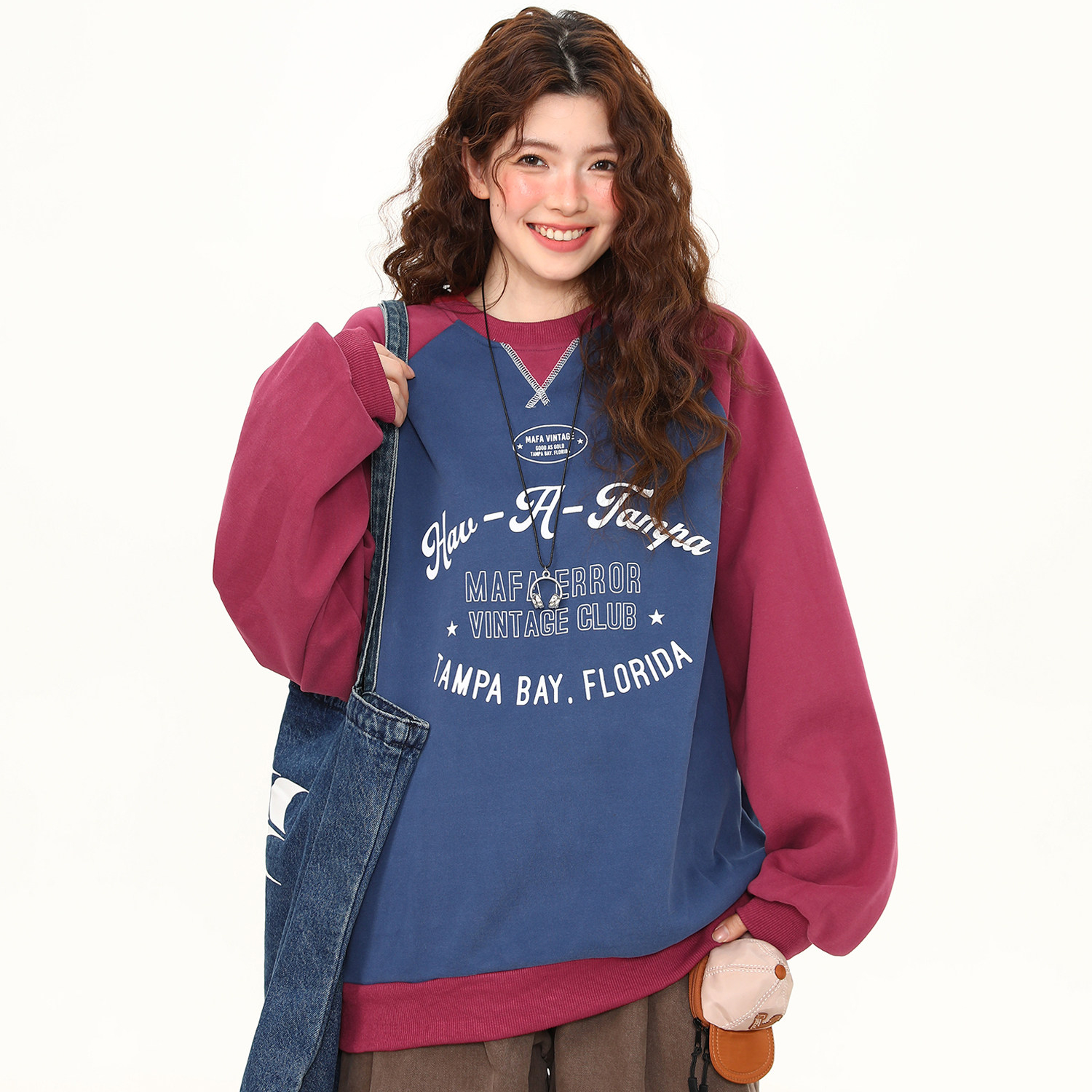 美式復古學院風撞色圓領套頭衛衣女春季新款寬鬆百搭上衣