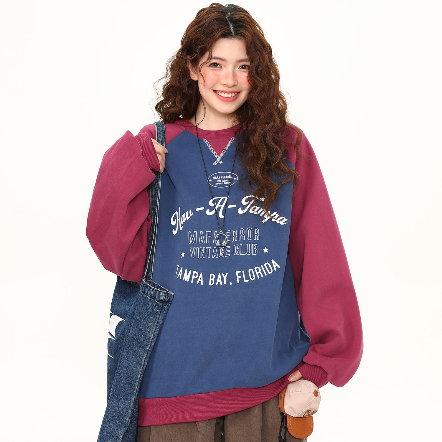 美式復古學院風撞色圓領套頭衛衣女春季新款寬鬆百搭上衣