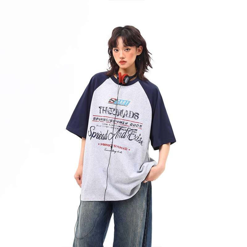 美式復古撞色插肩袖字母短袖T恤女夏季百搭體恤潮ins