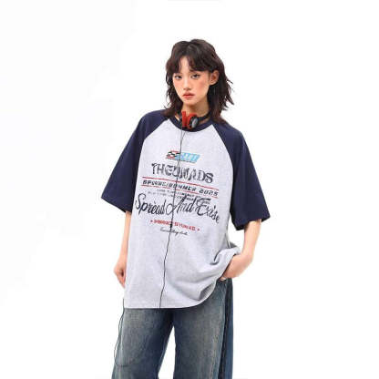 美式復古撞色插肩袖字母短袖T恤女夏季百搭體恤潮ins