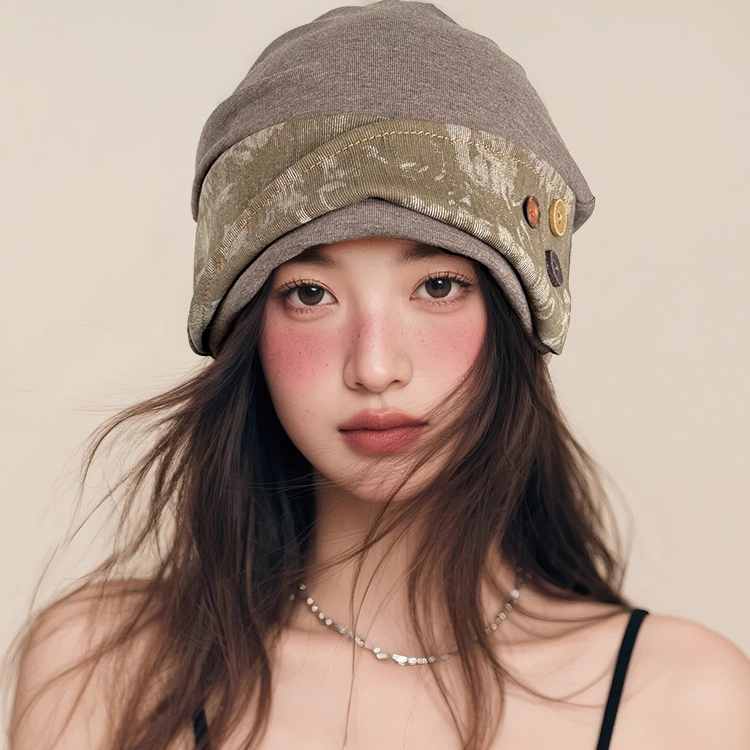 拼接紐扣顯臉小堆堆帽街頭套頭帽韓版日系百搭冷帽