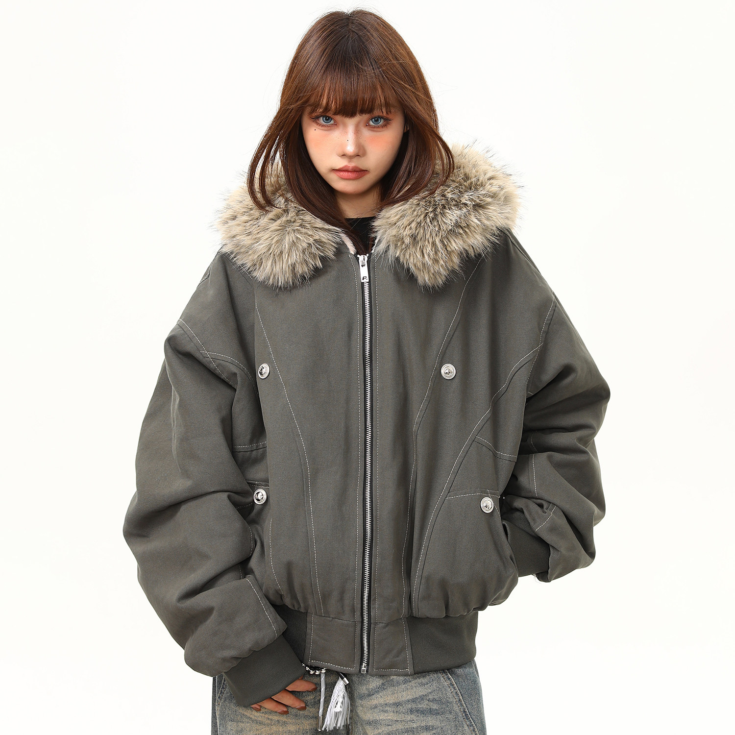 美式潮牌毛領座山雕加厚保暖棉服外套女冬季百搭棉衣