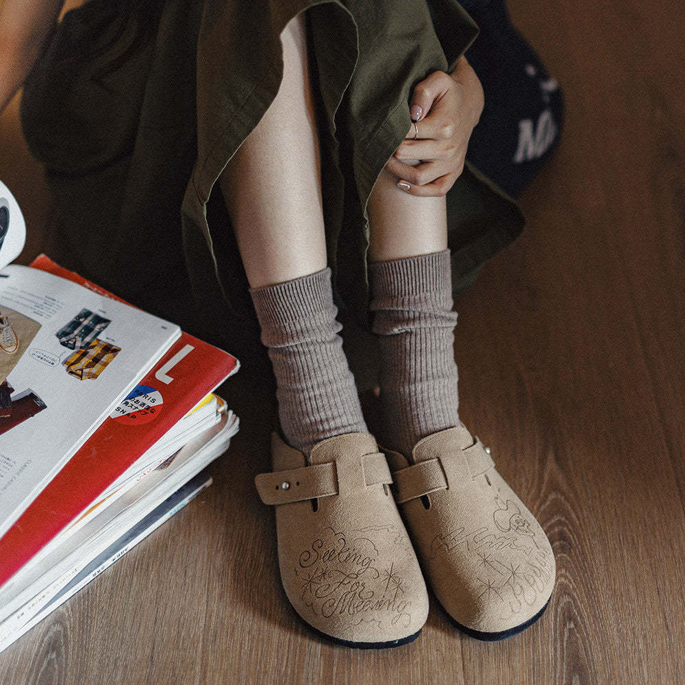 馬登女裝 插畫版穆勒鞋室外軟木休閒包頭凉拖鞋外穿釣魚懶人厚底鞋夏女