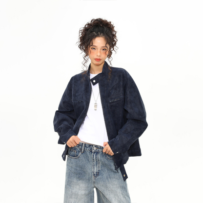 美式街頭潮牌立領PU皮衣外套女秋冬設計感寬鬆機車夾克