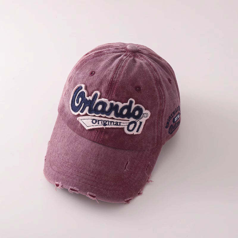 美式水洗復古顯白酒紅色破洞做舊鴨舌帽子女顯臉小寬簷牛仔棒球帽