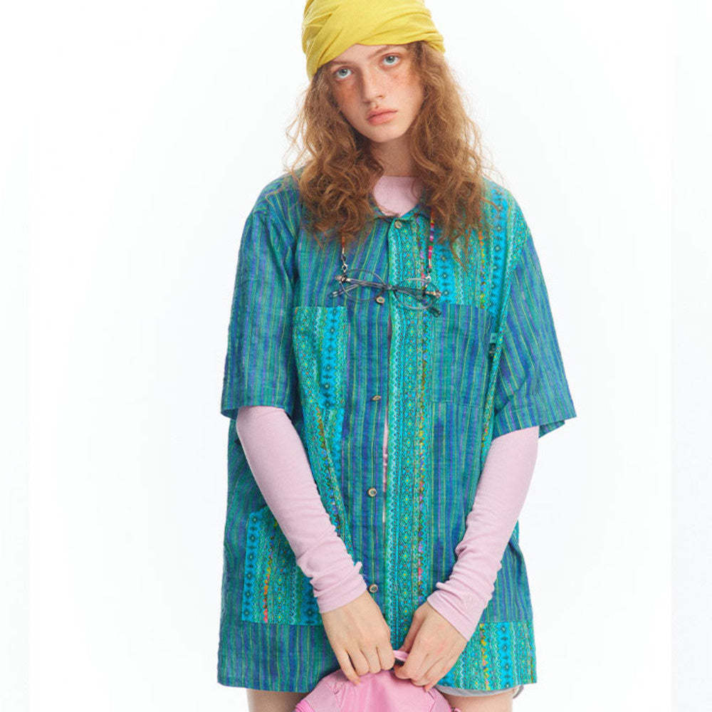 春夏新款湖藍色國潮民族風短袖襯衫女vintage上衣