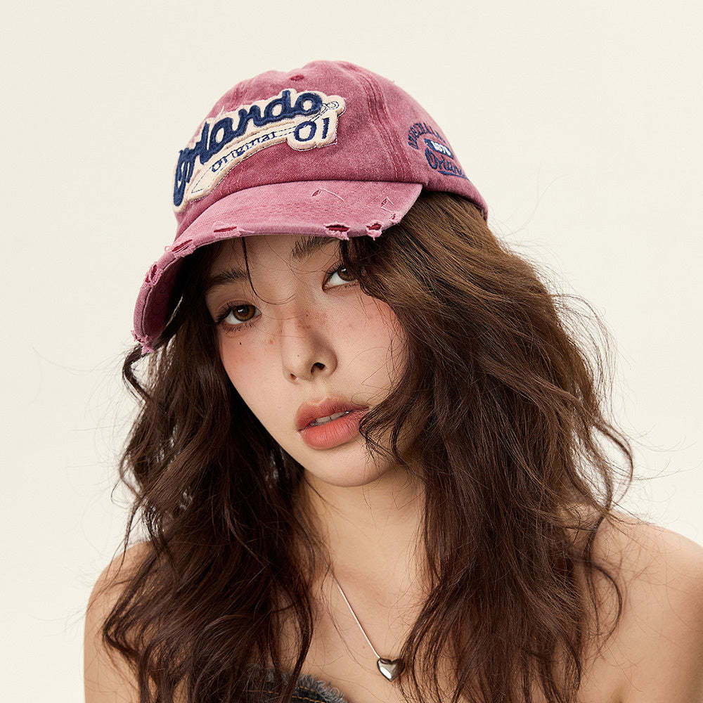 美式水洗復古顯白酒紅色破洞做舊鴨舌帽子女顯臉小寬簷牛仔棒球帽