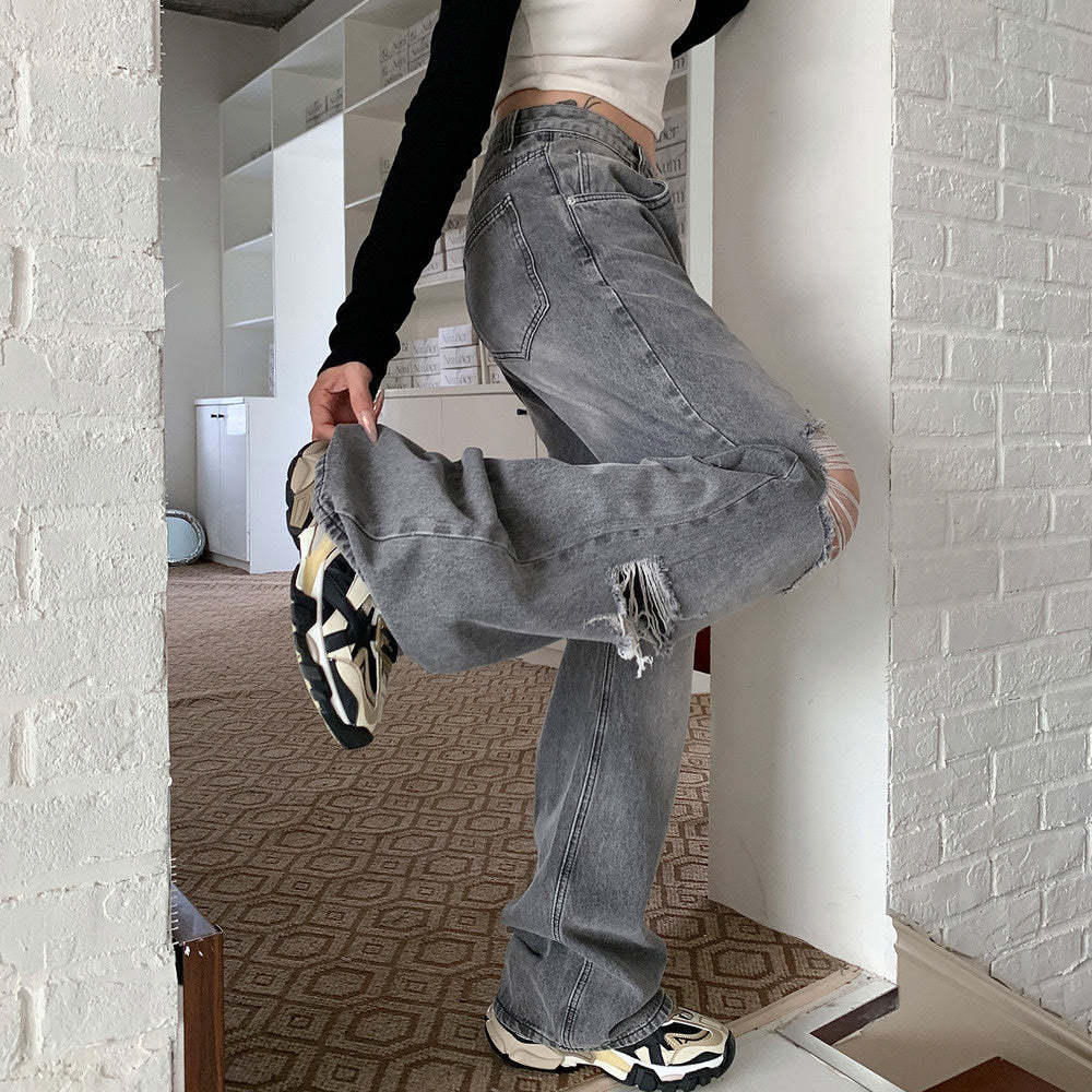 設計感破洞牛仔褲女新款春季高腰直筒寬鬆休閒褲ins拖地褲