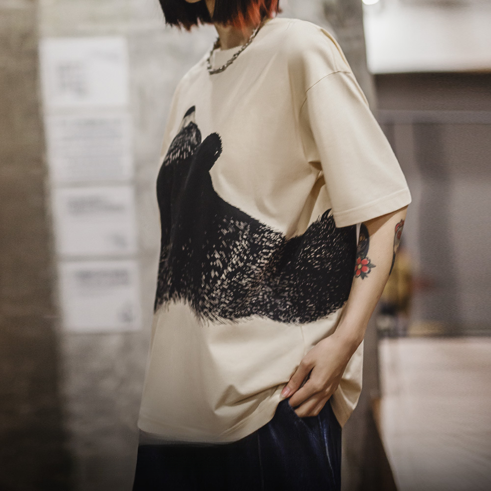 oversize慵懶小熊插畫圓領T恤日系小眾設計顯瘦落肩短袖夏女