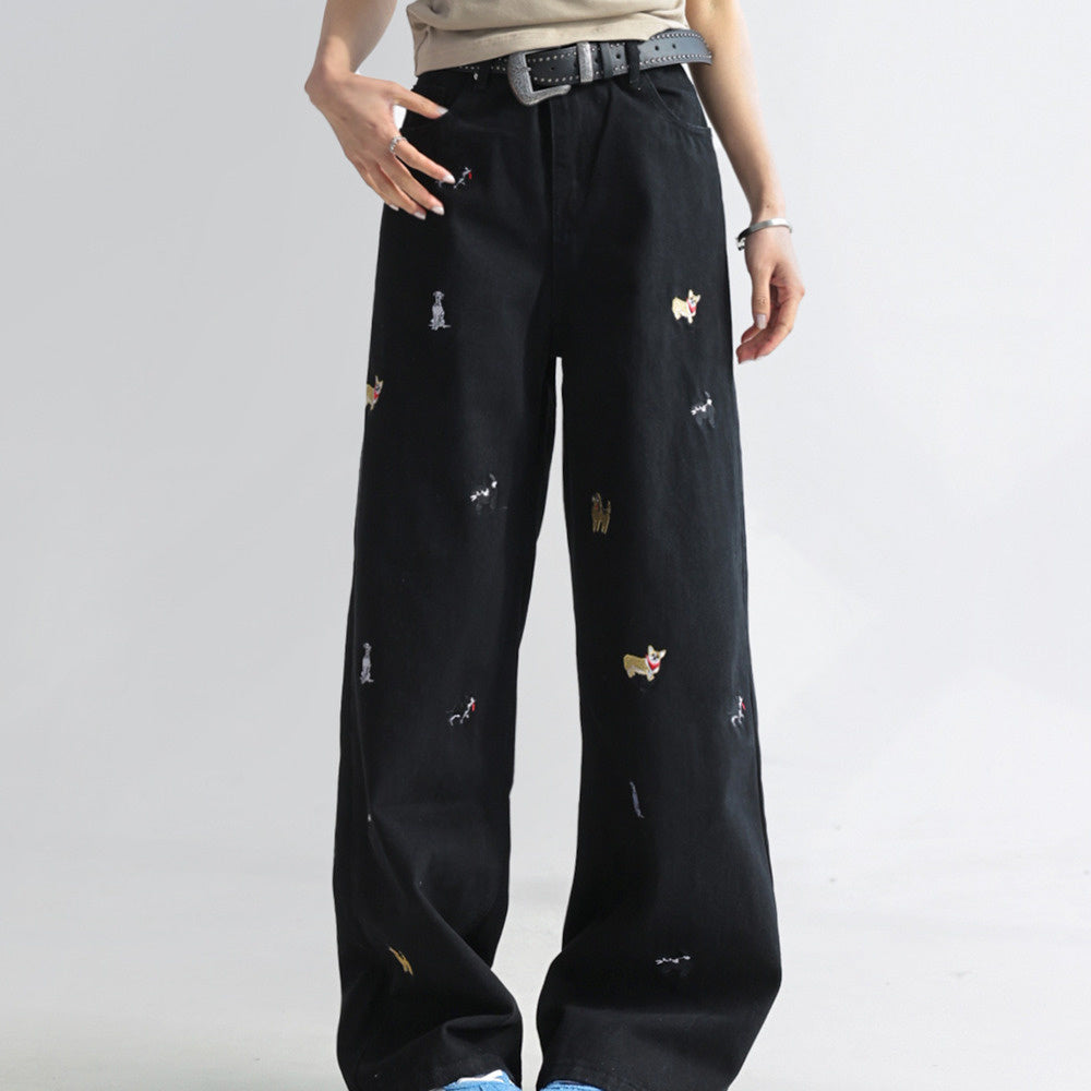 童趣小狗刺繡牛仔褲女闊腿寬鬆拖地褲高腰顯瘦直筒褲
