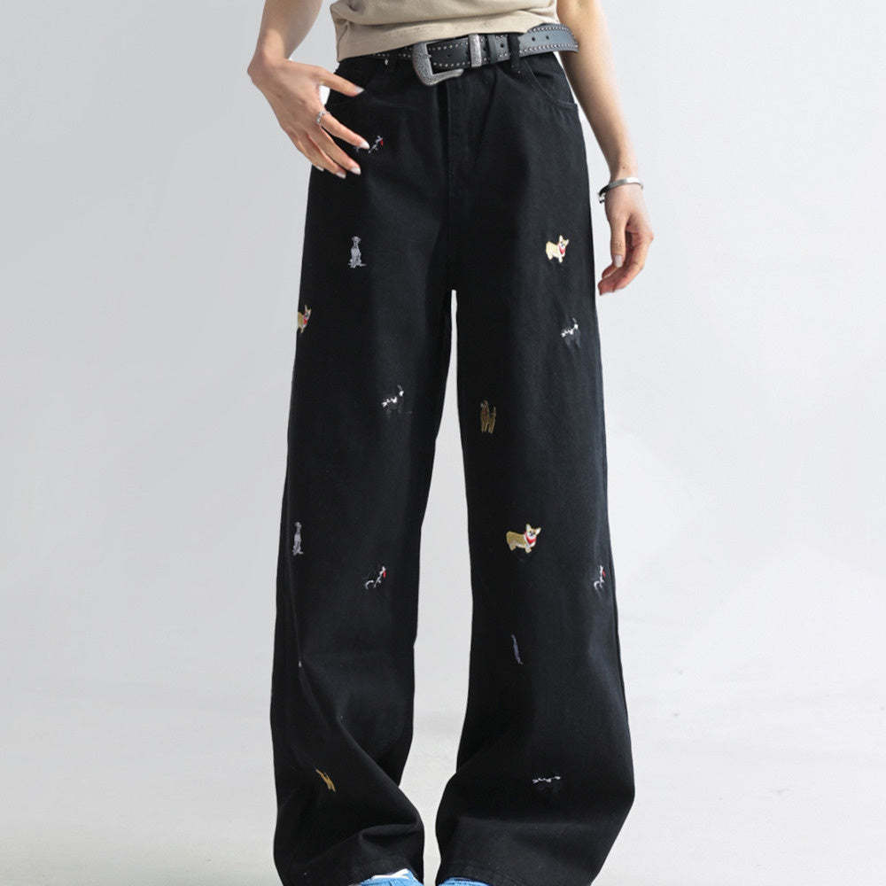 童趣小狗刺繡牛仔褲女闊腿寬鬆拖地褲高腰顯瘦直筒褲